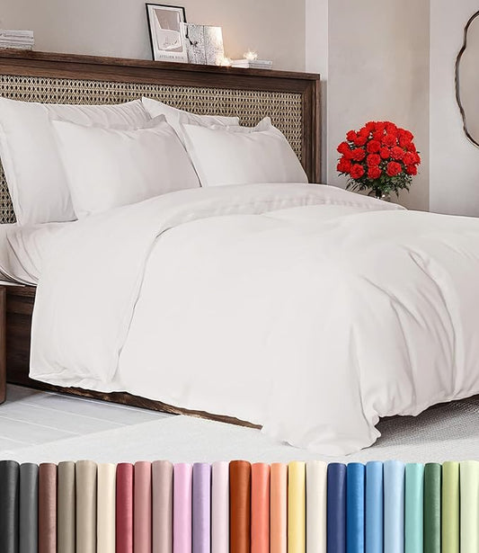 Duvet Cover Super King Size Set - Extra Soft Super King Duvet Cover with 2 Pillow Shams - Hotel Luxury, Easy Care & Fade Free with Zipper Closures & Ties - Comfy, Cozy & Breathable (Antique White)