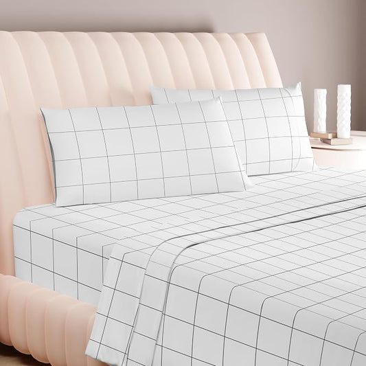 Carressa Linen 100% Egyptian Cotton Queen Sheet Set - 600 Series Hydrangeas Printed Egyptian Cotton Queen Sheets Set (4 PC, White Chex), 16" Deep Pocket Sateen Weave Luxury Hotel Bed Sheet