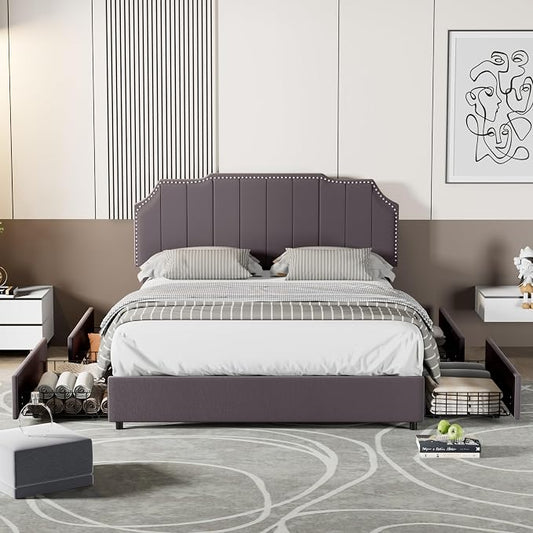 VECELO Full Upholstered Platform Bed Frame with 4 Storage Drawers,Velvet Vintage Full Bed with Nailhead Trim,Tufted Height Adjustable Headboard,Wooden Slats/No Box Spring Needed/Easy Assembly