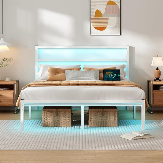 CLIBFENG Queen Bed Frame with Headboard,Heavy Duty Steel Slats Support-LED Bed Frame with USB Charging Station,Mattress Foundation-Under Bed Storage,No Box Spring Needed,Noise Free,White