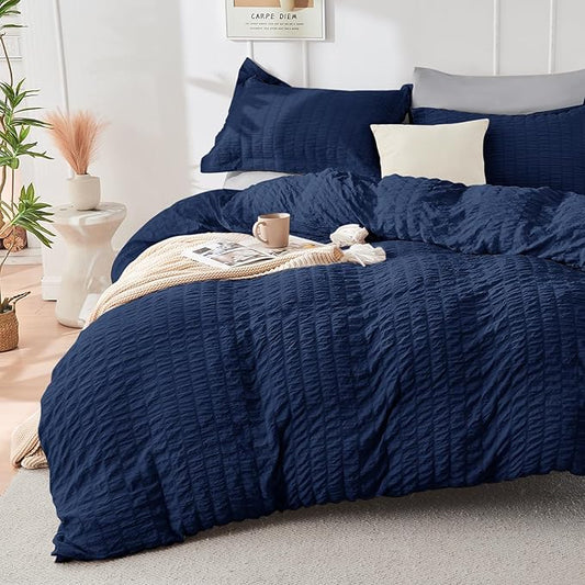 HYMOKEGE Navy Blue/Light Grey Duvet Cover Full Size, Ultra Soft 3-Piece Seersucker Duvet Cover Set with Zipper Closure, Soft Brushed Microfiber Bedding Set with 8 Corner Ties (80"x90", 2 Pillowshams)