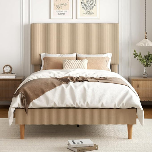 Full Size Bed Frame, Upholstered Platform Bed with Adjustable Headboard, Vertical Fluted Tufted, Soft Corduroy Fabric, Wooden Slats Support, No Box Spring Needed, Easy Assembly, Brown
