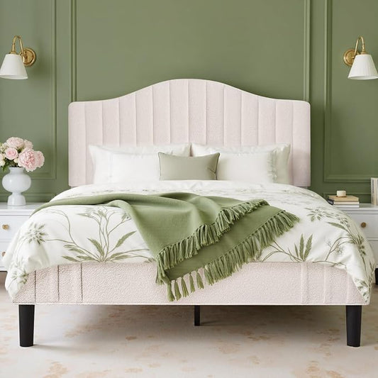 VECELO Queen Size Bed Frame Upholstered Platform Beds with Height-Adjustable Teddy Fabric Headboard, Strong Wood Slats 7.9'' Under Bed Storage Space Noise-Free No Box Spring Needed, Beige