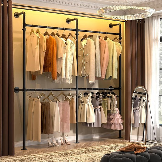 Aheaplus Industrial Pipe Clothing Rack, Reversible 6.75FT Clothes Rack for Hanging Clothes, Heavy Duty Garment Racks, Wall Mounted Closet Wardrobe Racks, Corner L Shaped Walk-in Closet System, Black