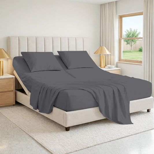 SGI bedding 34" Cal King Split Top Flex Head Sheet 100% Egyptian Cotton Sheet Set 1000 Thread Count Flex Top Sheet for Adjustable Bed 4Pc Sheet Set 15" Deep Pocket for Sleep Number Bed - Dark Gray
