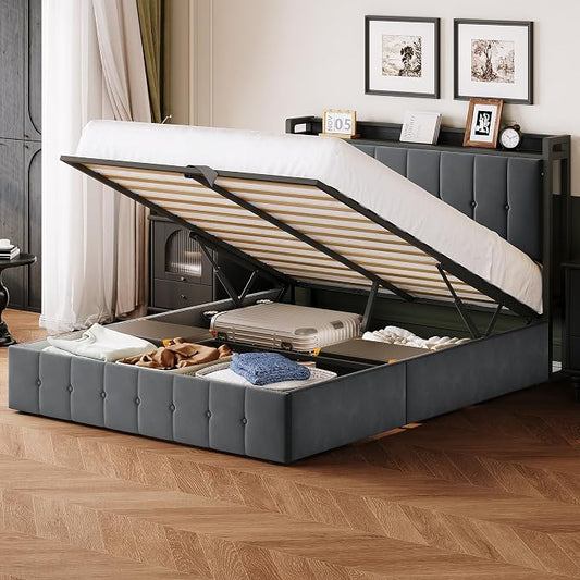 Garvee Queen Size Lift Up Storage Bed, Upholstered Velvet Bed Frame with Storage Headboard, Metal Platform Bed, No Box Spring Needed, Solid Wooden Slats, Noise Free, Grey