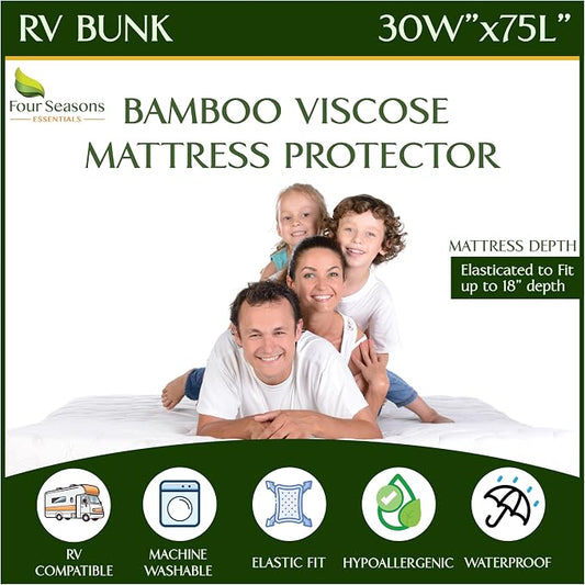 Four Seasons Essentials RV Bunk Size Waterproof Mattress Protector - Cooling Viscose derived from Bamboo Fitted Sheet Mattress Cover - Quilted Jacquard Pad Protects from Dust Allergens