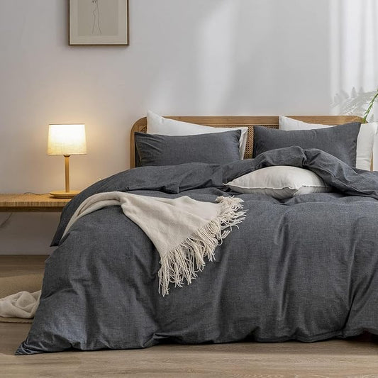 BESTOUCH Duvet Cover Set 100% Washed Cotton Linen Feel Super Soft Comfortable Chic Lightweight 3 PCs Home Bedding Set Solid Dark Black Oversized Full