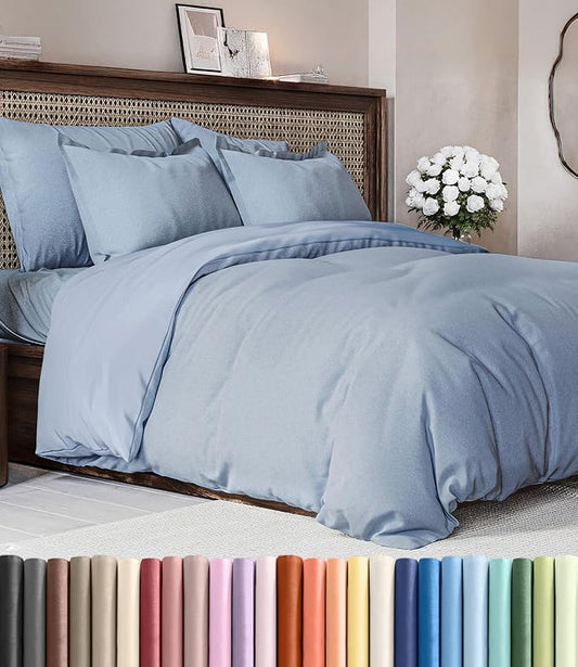 Duvet Cover King Size Set - Extra Soft King Duvet Cover 104" x 90" with 2 Pillow Shams - Hotel Luxury, Easy Care & Fade Free with Zipper Closures and Ties - Comfy, Cozy & Breathable (Heathered Blue)