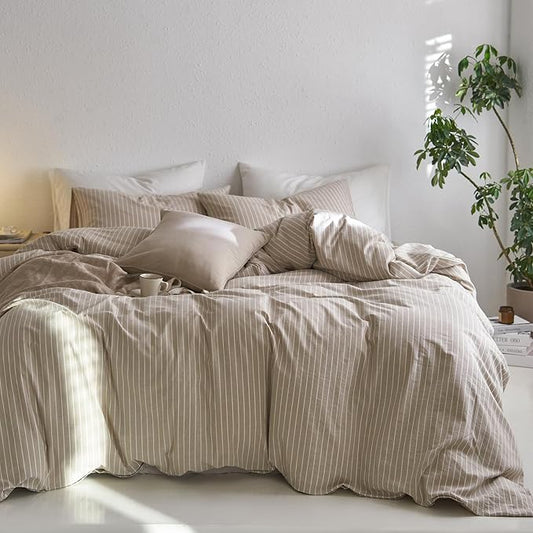 MooMee Striped Duvet Cover Set 100% Washed Cotton Linen Like Textured Breathable Durable Soft Comfy (Tannish Linen Grey White Wide Stripes, Oversized Queen 98"x98")