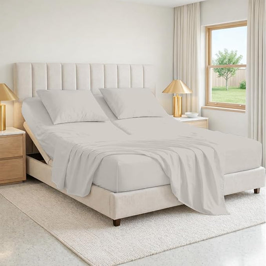 SGI bedding 28" Queen Split Top Flex Head Sheet 100% Egyptian Cotton 1000 Thread Count Flex Top Sheet for Adjustable Bed 4Pc Sheet Set 15" Deep Pocket for Sleep Number Bed - Silver