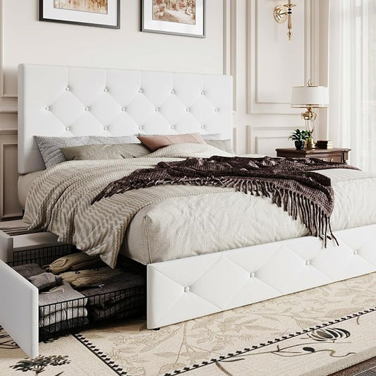 SHA CERLIN Queen Platform Bed Frame with 4 Oversized Storage Drawers, Adjustable Headboard with Velvet Upholstery, Diamond Button Tufted Design, Wooden Slat Support, No Box Spring Needed, White