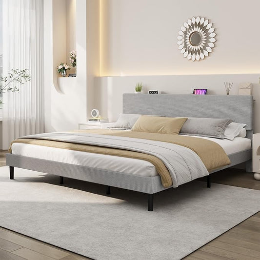 IDEALHOUSE King Size Bed Frame, Platform Bed with Adjustable Corduroy Upholstered Storage Headboard and Charging Station, Sturdy Metal Support, Noise Free, Easy Assembly, Gray