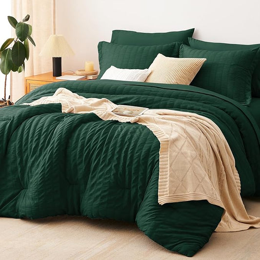 CozyLux California King Comforter Set with Sheets 7 Pieces, Emerald Green Seersucker Bed in a Bag Cal King Luxury Bedding Sets with Down Alternative Comforter, Sheets, Pillowcases & Shams All Seasons