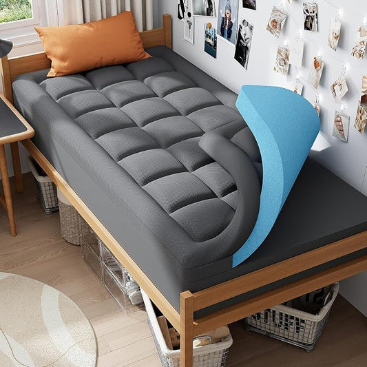 ELEMUSE Dual Layer 3 Inch Memory Foam Mattress Topper Twin XL, Dorm Room 2 Inch Cooling Gel Memory Foam Plus 1 Inch Down Alternative Pillowtop Mattress Pad, College Essential, Comfort Support, Grey