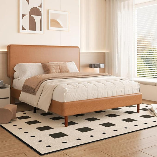 Full Size Leather Platform Bed Frame with Adjustable Upholstered Headboard, Solid Wooden Legs, No Box Spring Needed, Easy Assembly, Noise Free, Orange-Brown