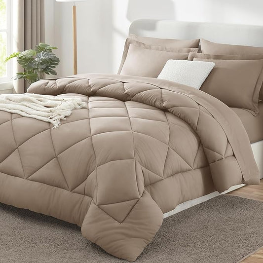 CozyLux Oversized King Comforter Set Khaki - 7 Pieces Bed in a Bag Comforter Set with Sheets, Luxury Soft Bed Set All Seasons, Bedding Set with Down Alternative Comforter, Sheets, Pillowcases & Shams