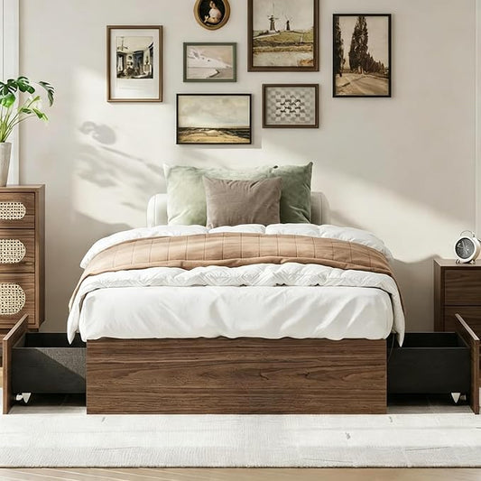 IDEALHOUSE Twin XL Bed Frame with 2 Storage Drawers, Wooden Bed Frame Without Headboard, Minimalist Floor Platform Bed, Wood Slat Support, Noise Free, No Box Spring Needed, Easy Assembly