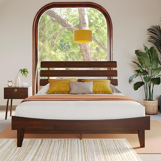 Bme Caden Queen Bed Frame and Adjustable Headboard, 15 Inch Mid Century Retro Style - Solid Acacia Wood - No Box Spring Needed - 12 Strong Wood Slat Support - Easy Assembly - Walnut