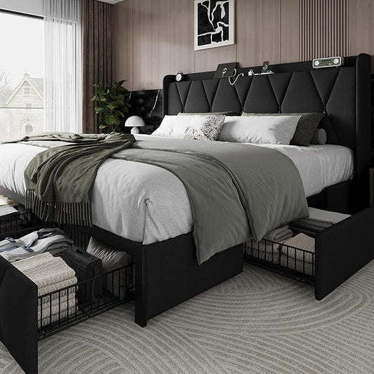 Einhomn King Size Bed Frame with 4 Storage Drawers and Charging Station, Upholstered Platform Bed Frame with Storage Headboard, No Box Spring Needed, Easy Assembly, Black