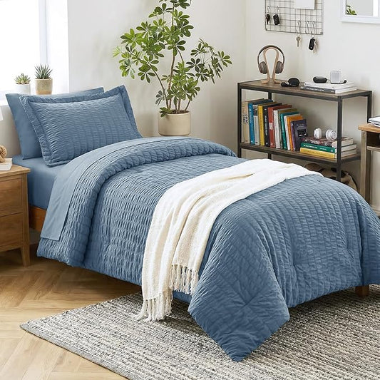 CozyLux Twin XL Comforter Set with Sheets Seersucker Grayish Blue 5 Pieces Bed in a Bag, Dusty Blue Twin Extra Long Bedding Sets College Dorm with Down Alternative Comforter, Sheets, Pillowcase & Sham