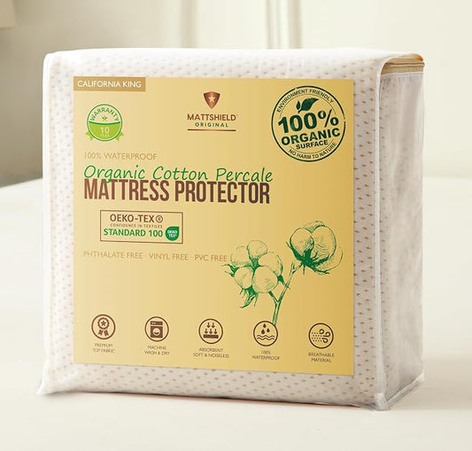 Deluxe Cooling Mattress Protector Cali King - Waterproof - Crisp, Breathable Organic Cotton Percale Surface - OCS Certified 280GSM 3D Air-Knit Mattress Pad - Noiseless Deep Pocket