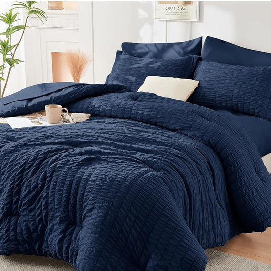 HYMOKEGE Navy Blue Twin Comforter Set Seersucker 5 Pieces, All Season Luxury Bed in a Bag for Bedroom, Bedding Set with Comforters, Sheets, Pillowcase & Sham