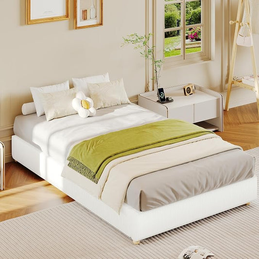 GarveeHome Twin Size Cloud Bed Frame，Corduroy Low Bed Frame Without Headboard, Thick Fabric Upholstered Platform Bed, Solid Wood Legs, No Box Spring Needed, Never Squeak, Easy Assembly, White