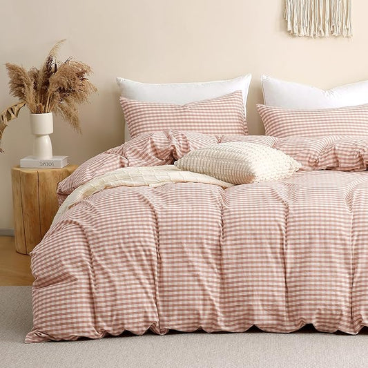 TOCOMOA Pink Tan Gingham Duvet Cover Bedding Set 100% Washed Cotton Like Linen Feel Super Soft Comfy 3 Piece Vintage Plaid Checkered Fall Comforter Cover Set (Queen 90"x90", Comforter Not Included)