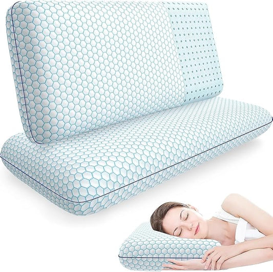 CushyOasis Memory Foam Pillows for Side, Back and Stomach Sleepers, Set of 2, Bed Pillow with Washable Cover and Breathable Mesh, Bed Pillow for Sleeping (Blue，King Size)