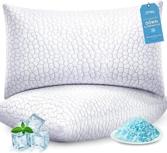 Yettbea Adjustable Shredded Memory Foam Pillows Standard Size Set of 2, Luxury Bamboo Cooling Pillow w/Washable Zippered Cover, Soft or Firm Support Bed Pillow for Side, Back, Stomach Sleeper