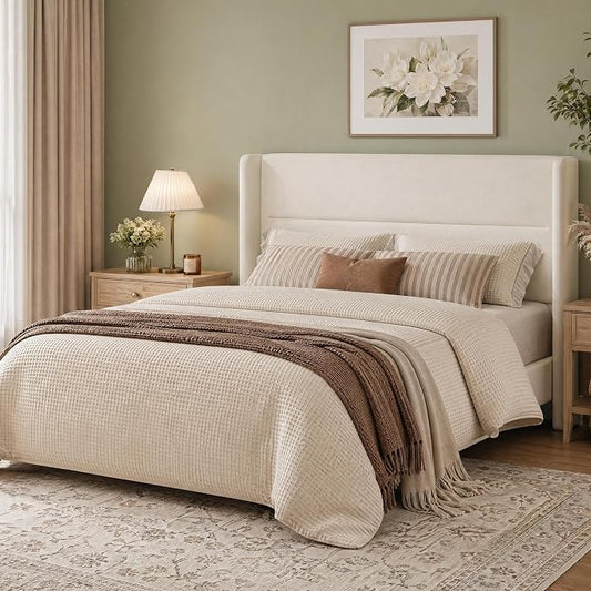 Garvee Full Size Bed Frame with Wingback Headboard, Velvet Upholstered Platform Bedframe with Wood Slats, No Box Spring Needed, Easy Assembly, Beige