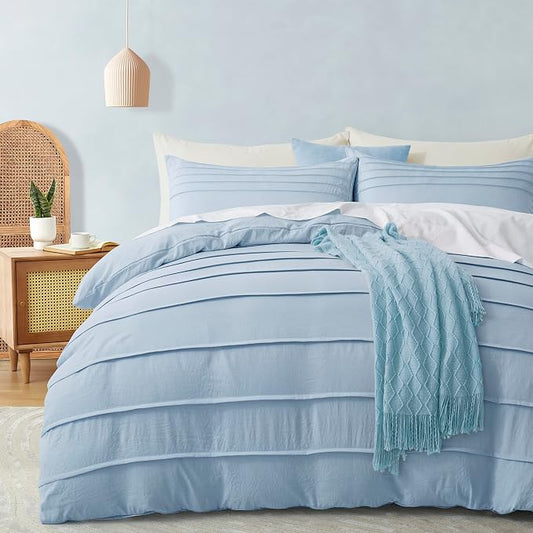 Oli Anderson Airy Blue Duvet Cover Queen Size - Pleated Queen Duvet Cover, 3PCS Soft and Breathable Textured Bedding Set with Zipper Closure(Airy Blue,90"x90")