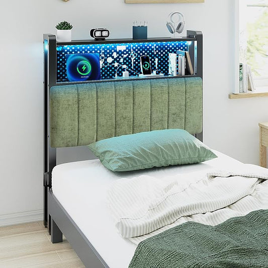 VINGLI Twin Size Dorm Headboard with Storage, Upholstered Head Board for Twin XL Bed, Charging Stations and LED Light, 2 Tier Shelves and Pegboard,Height Adjustable,Sage Green