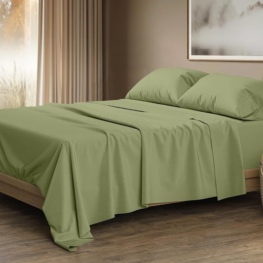 THREAD SPREAD 100% Egyptian Cotton King Size Sheets Set - Luxury 1500 Series Egyptian Cotton Sheets King Size (4 PC, Sage Green), Silky Soft, Sateen, Cooling & Breathable, 17" Deep Pocket Bed Set