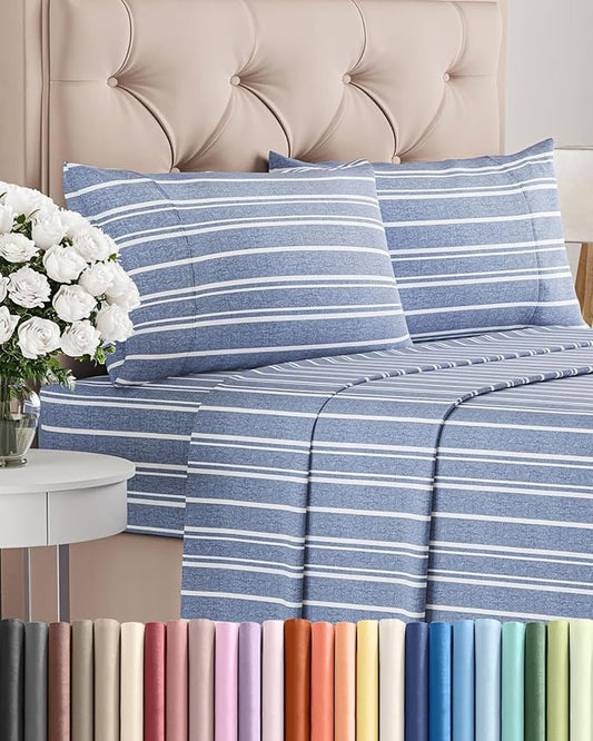 King Size 4 Piece Sheet Set - Comfy Breathable & Cooling Sheets - Hotel Luxury Bed Sheets for Women & Men - Deep Pockets, Easy-Fit, Soft and Wrinkle Free Sheets - Blue Stripes Oeko-Tex Bed Sheet Set