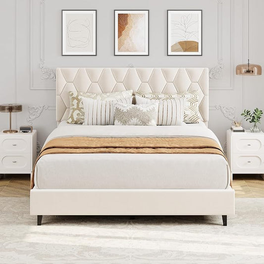 GarveeHome Beige Full Bed Frame with Headboard, Heavy-Duty Platform Bed Frame with Adjustable Headboard, Upholstered Mattress Foundation with Strong Wood Slat Support/No Box Spring Needed/Noise Free