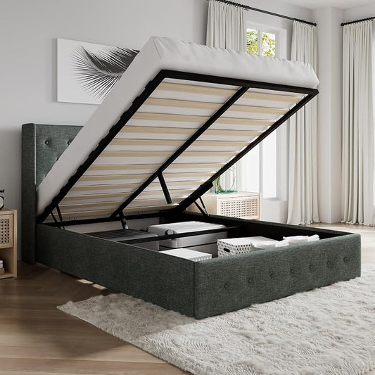 SHA CERLIN Full Size Lift Up Storage Bed Frame,Button Tufted Wingback Headboard,Upholstered Platform,Hydraulic Storage,Wooden Slat Support,No Box Spring,Dark Grey