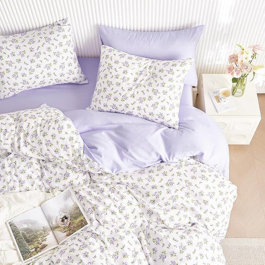 Wake In Cloud - Coquette Duvet Cover Set, Floral Cottagecore Flower Shabby Chic Cute Aesthetic, Soft Lightweight Bedding for Women Teen Girls, 3-Piece, White Purple, Queen Size