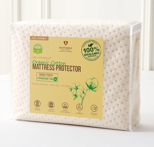 Luxury Waterproof Organic Mattress Protector Full Size - Organic Cotton Breathable Mattress Pad Cover - Premium 380 GSM 3D Air Fabric - Deep Pocket - Jersey Cotton Skirt - Fitted Design