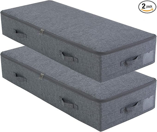Pack of 2, 100cm Extra-Long Underbed Storage Boxes with Zip Lid – for Blankets, Clothes, Shoes | Washable, Foldable & Sturdy Honeycomb PP Board | Fits Queen/King Bed, Dorm, Closet (Black Gray)