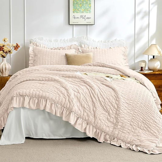 JOLLYVOGUE Beige Comforter Full Size, 3 Pieces Seersucker Lightweight Full Size Bedding, All Season Fluffy Microfiber Bedding Comforter Set with 1 Ruffle Comforter and 2 Ruffle Pillowshams