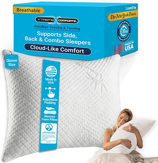 Xtreme Comforts Shredded Memory Foam Pillow- Allergy-Friendly & Cooling Pillow Cover for Side, Back & Stomach Sleepers- Machine Washable - Foam Pillows for Sleeping & Neck Pain Relief (Queen)