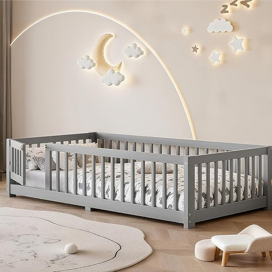 Bellemave Montessori Twin Floor Bed Frame with Fence and Removable Door, Low Profile Twin Size Montessori Bed Frame for Kids, Solid Wooden Floor Beds for Bedroom,Nursery, Grey