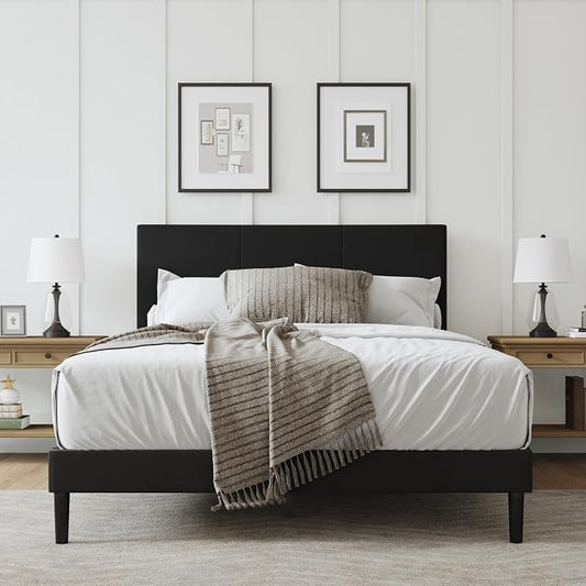 Full Size Bed Frame with Headboard, Velvet Upholstered Platform Bed Frame, Sturdy Slatted Support for Springless Mattresses, Silent Operation, Easy to Assemble, Black