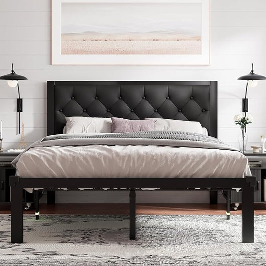 Feonase Queen Size Metal Bed Frame with Faux Leather Button Tufted Headboard, Heavy-Duty Platform Bed Frame with 12" Storage, Steel Slats Support, No Box Spring Needed, Noise Free, Matte Black