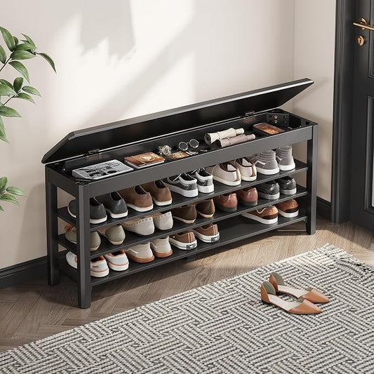 IUNVR Shoe Rack Bench Seat Rubberwood 3-Tier Wooden Storage Bench 550lbs Compact Mid-Century Modern Design for Entryway, Hallway, Closet, Front Door Entrance, Foyer