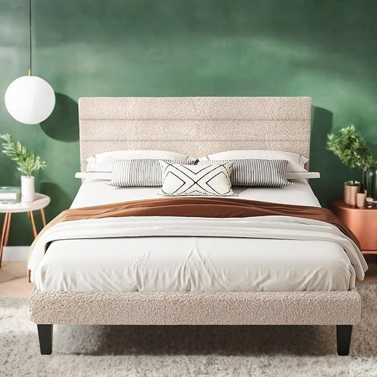 VINGLI Full Size Bed Frame with Storage, Boucle Upholstered Bed Frame with Adjustable Soft Headboard, Tufted Panel Bed with Wood Sturdy Slats Support, Modern Minimalist, Fabric Beige