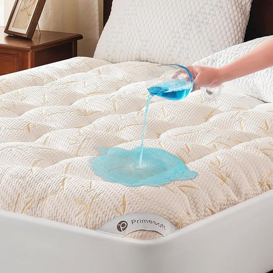 PRIMESOFT 100% Waterproof King Size Mattress Topper, Thick Pillow Top Mattress Pad，Up to 21 Inch Deep Pocket,Soft Breathable Mattress Pad for Back Pain, Protector Cover(Beige)