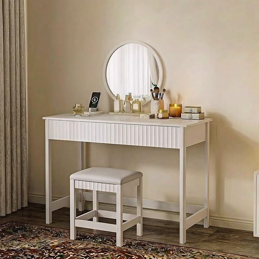 ChooChoo 47.2 Inch Modern Desk with Drawers, Makeup Vanity Desk with Padded Stool, Writing Computer Desk for Home Office & Bedroom, White